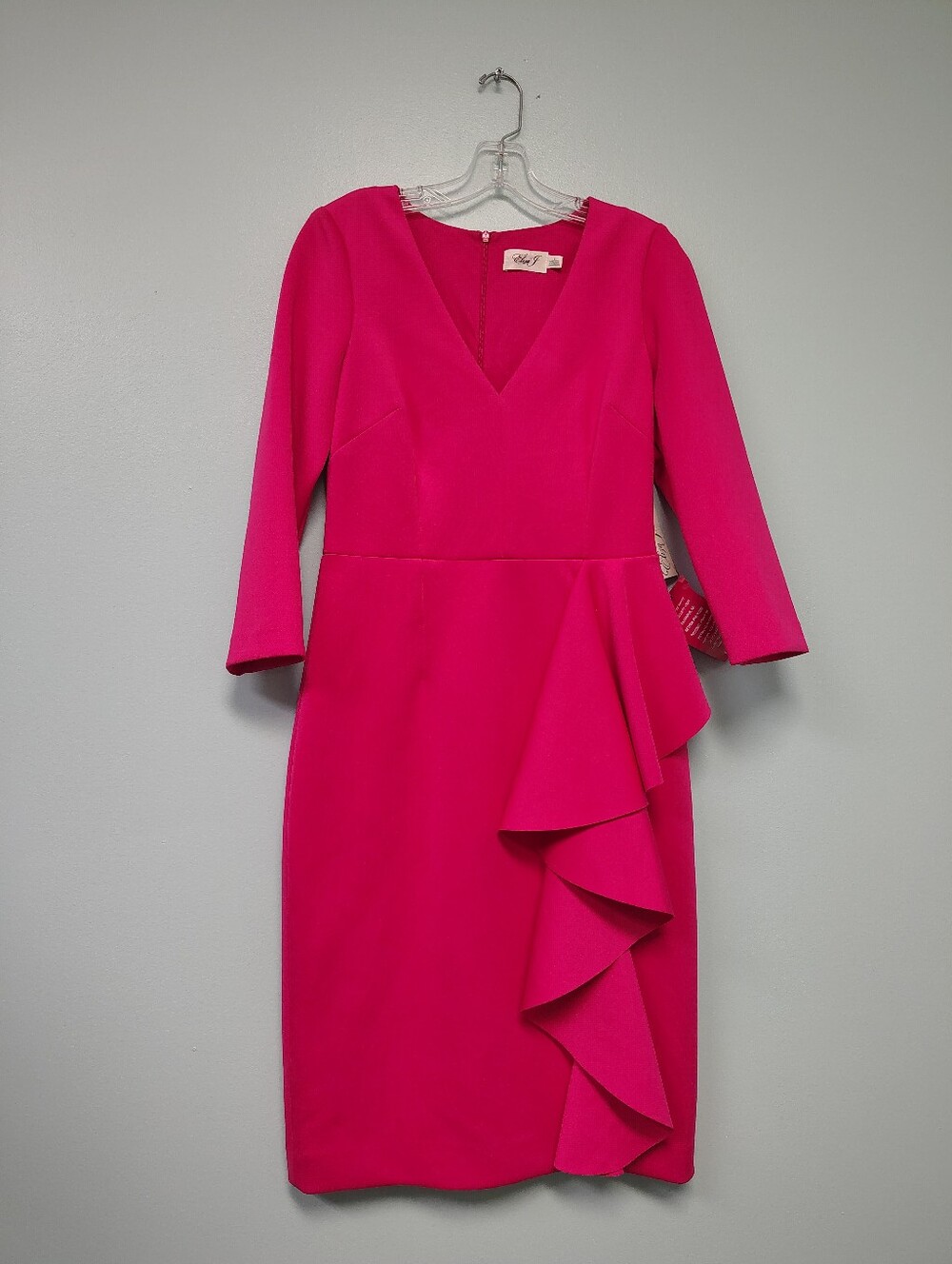 Eliza J Hot Pink V-Neck Ruffle Sheath Midi Dress